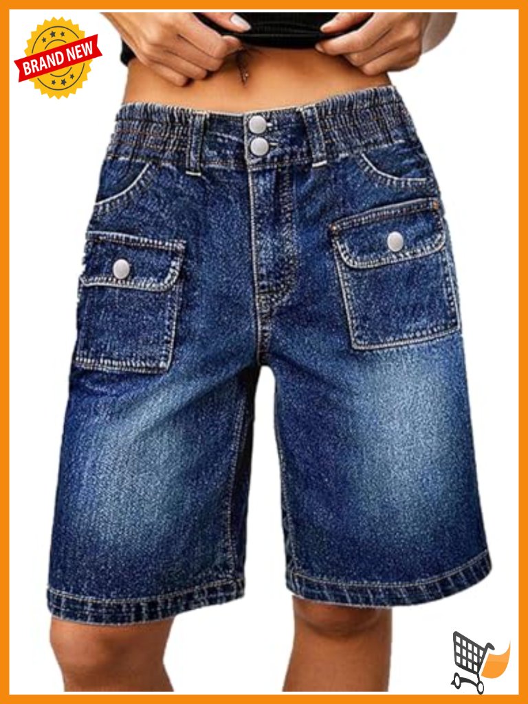 High Rise Bermuda Shorts Elastic Waist Patch Pocket Vintage Denim Jorts